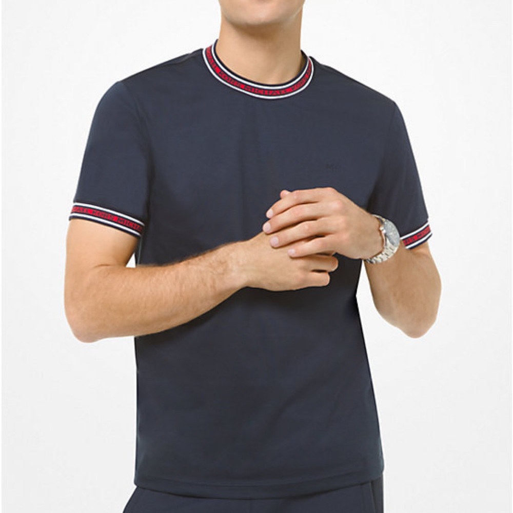 Michael Kors 100% cotton dark navy blue crew neck t shirt logo tape detail